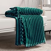 DISSA Fleece Blanket Throw Size – 51x63, Green – Soft, Plush, Fluffy, Fuzzy, Warm, Cozy – Perfect Throw for Couch, Bed, Sofa - with Pompom Fringe - Flannel Blanket Throw Blanket