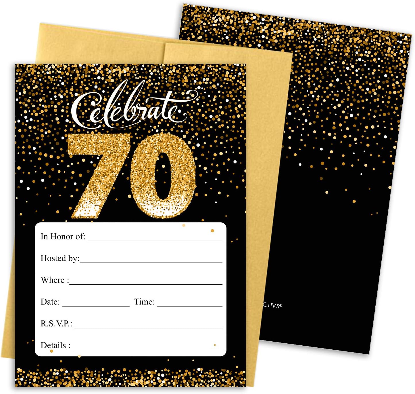 Black and Gold 70th Birthday Party Invitations - 10 Cards with Envelopes