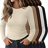 Oakgarden 5 Pack Women's Long Sleeve Shirts Crew Neck Raglan Basic Tops Slim Fitted Undershirts Stretchy Layering Baselayer