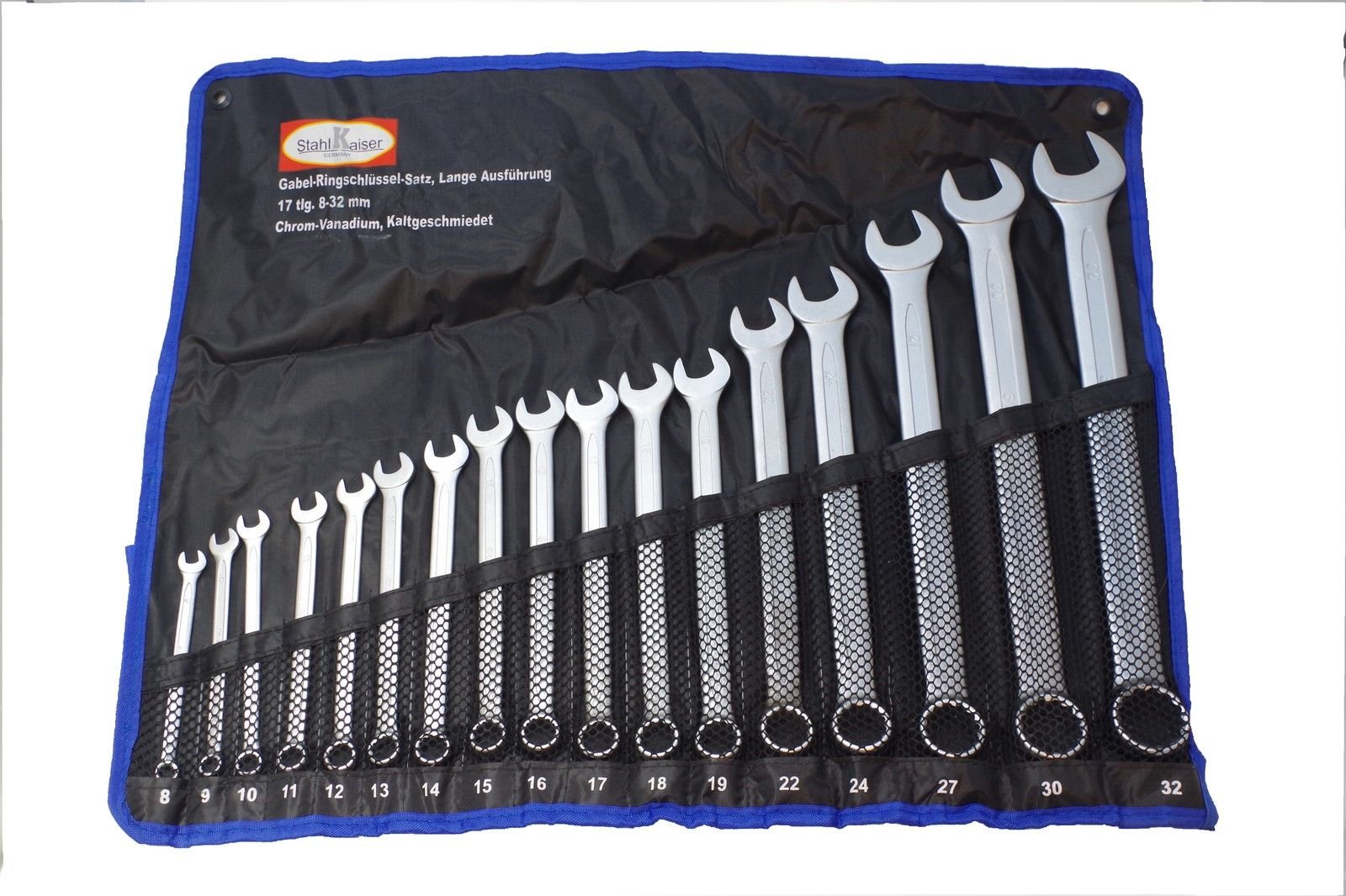 Stahlkaiser XXL CombiNation Spanner Set, 17 Pieces, 8-32 mm, Carbon Steel, Matte Satin Finish, Mechanical, Millimeters, WRENCH