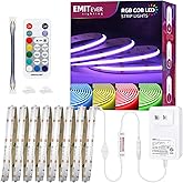 EMITEVER RGB LED Strip Light 16.4ft, Dimmable COB 24V Flexible LED Color Changing Tape Light Kit with Remote, High Density 3150LEDs for TV Backlight, Bedroom, Bar, Party Christmas Decoration