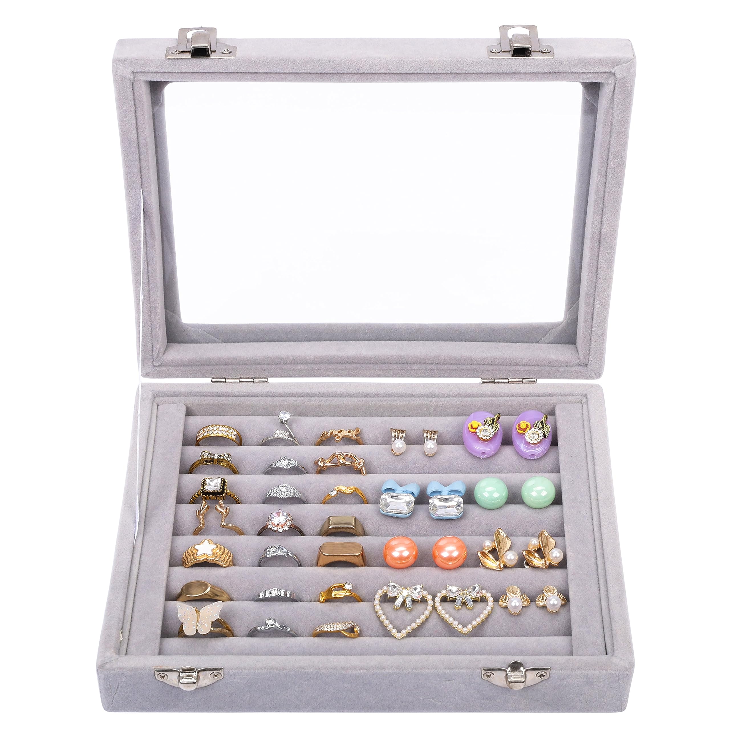 Kurtzy Grey Velvet Jewellery Display Box - 7-Slot Ring Box and Earring Storage Organiser - Ring and Earring Holder Storage Box - Showcase/Display Tray