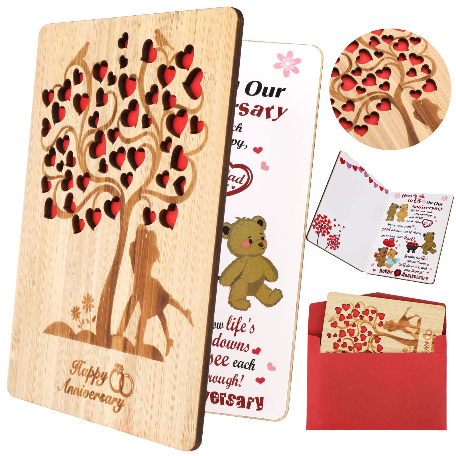 HOWAF Wooden Happy Anniversary Card for Her Him Couple, Wedding Anniversary Card for Wife, Husband Gifts for Wedding Anniversary, Heart Tree