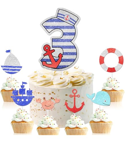 Sailor's 1st Birthday Cake Topper Set - Natural Wood Anchor, Rudder & Age Hat For Nautical Theme Party Decor