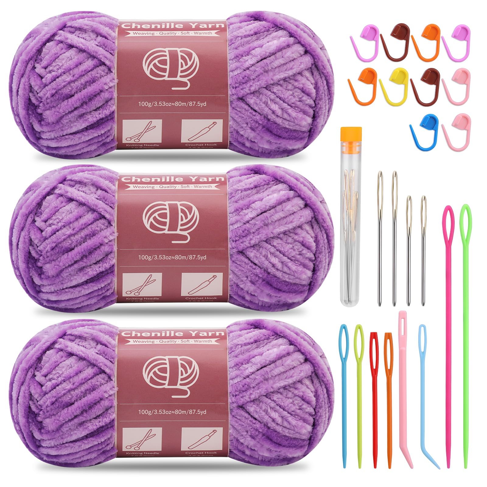 SUVSOON 3 * 100g Chenille Yarn, Velvet Yarn for Crocheting and Knitting with Needles Stitch Marker Handcrafts Weaving Soft for Blankets, Clothes, Pattern Knitting(Light Purple) — image 1
