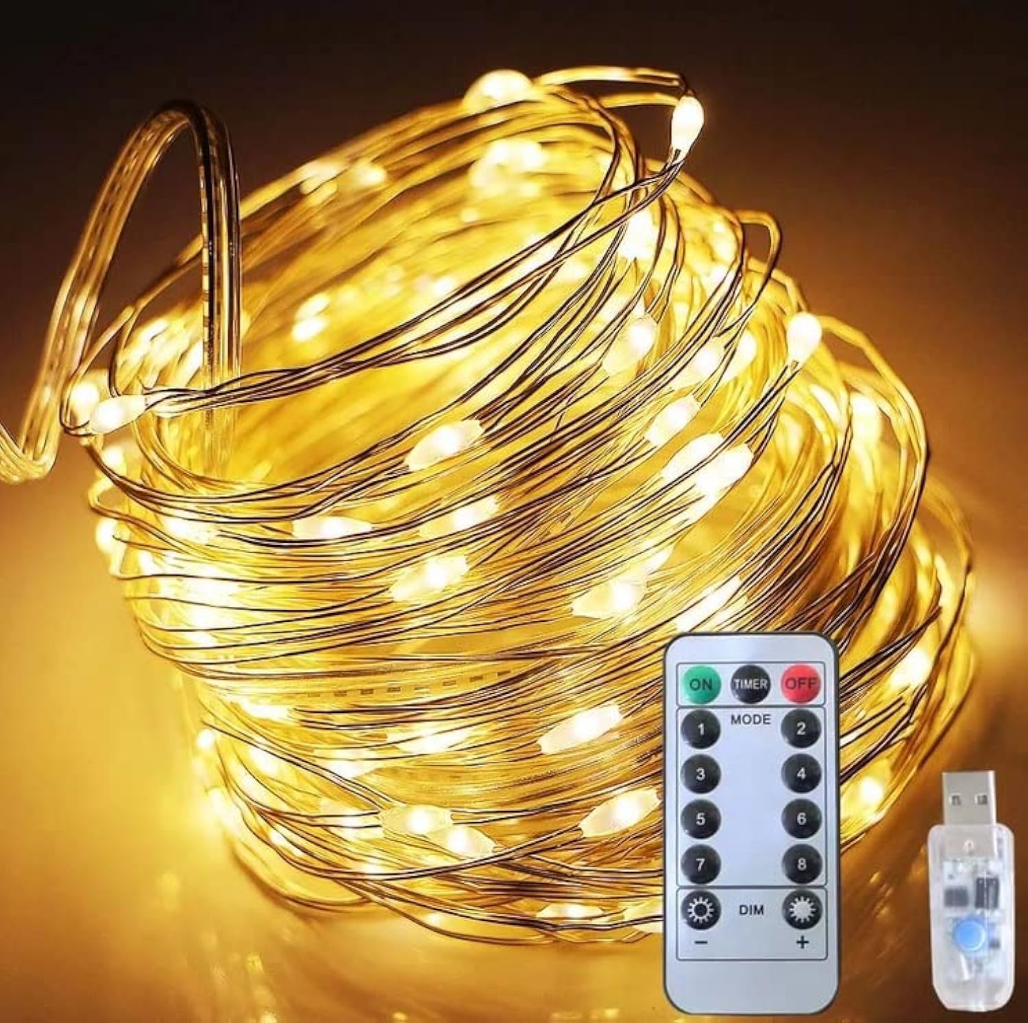Volunx 5m USB Copper Fairy Lights With Remote Timer - 50 LED Warm White String With 8 Modes for Bedroom Party Night Room Decorations