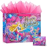 BeiLaad Mermaid Happy Birthday Gift Bag with Tissue Paper and Greeting Card, gift bags for Kids Girls Birthday, Party, Medium size