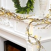 Syhood 9 ft Gold Valentines Day Decorations Berry Beaded Garland with 30 LED Lights Artificial Pre Lit Berry Branch String Garland Battery Operated for Wedding Table Decorations Mantel Fireplace