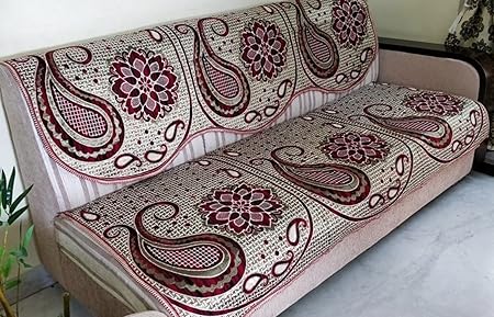 Griihams 5 Seater Cream Color Sofa Cover with Gold and Maroon Work SB7- (3+1+1) 90% Cotton 10% Polyster