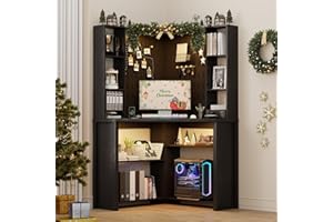 LVIFUR Corner Desk with LED Reading Lights, L Shaped Computer Desk with Hutch & Shelves, Triangle Home Office Desk w/ Charging Station for Work & Study, File Cabinet Storage Bookshelf for Small Space (Black)