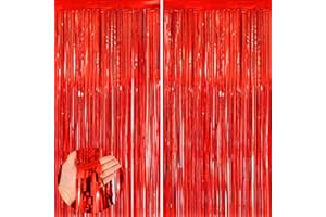 YEURFONTASY Red 2 Pack Metallic Tinsel Foil Fringe Curtains, 3.3x8.3 Feet Red Streamers for Party, Door Streamers Party Decorations, Party Streamers for Birthday Christmas Party Decorations