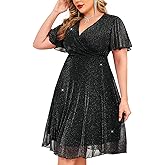 ZOMVA Plus Size Sparkly Mesh Dress A Line Ruffle Sleeve V Neck Wrap Short Glitter Dresses Wedding Guest Cocktail Party