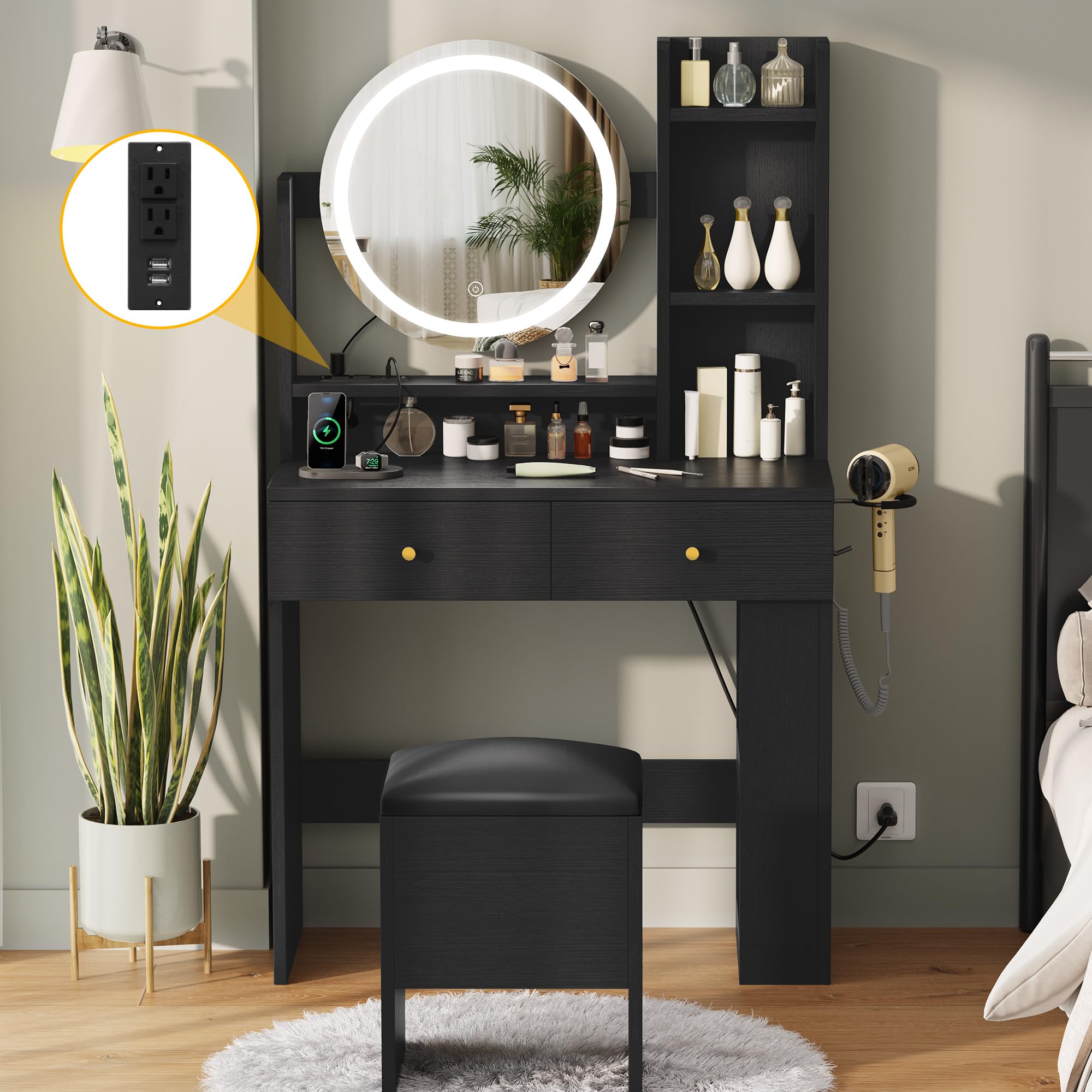 Photo 1 of DWVO Vanity Desk with Mirror and Lights, Makeup Vanity Table Set with Power Outlets and Chair, 3 Lighting Colors, Makeup Desk with 3 Drawer and Lots Storage Shelves for Bedroom, Black Dressing Table