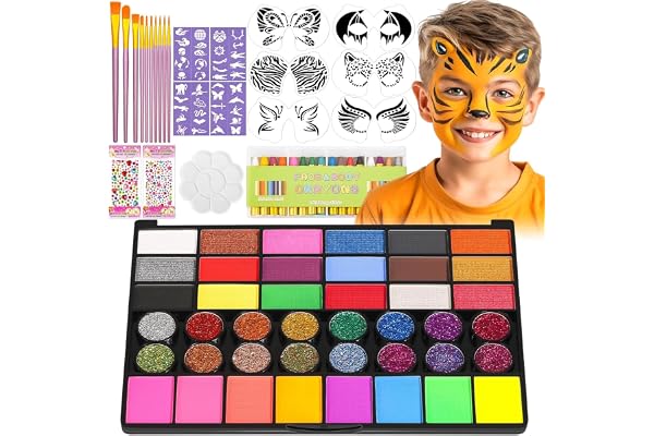 Flasoo Face Painting Kit with Stencils, 42 Colors Non Toxic Face Paint with 16 Face Paint Crayons, 6 Reusable Face Painting S