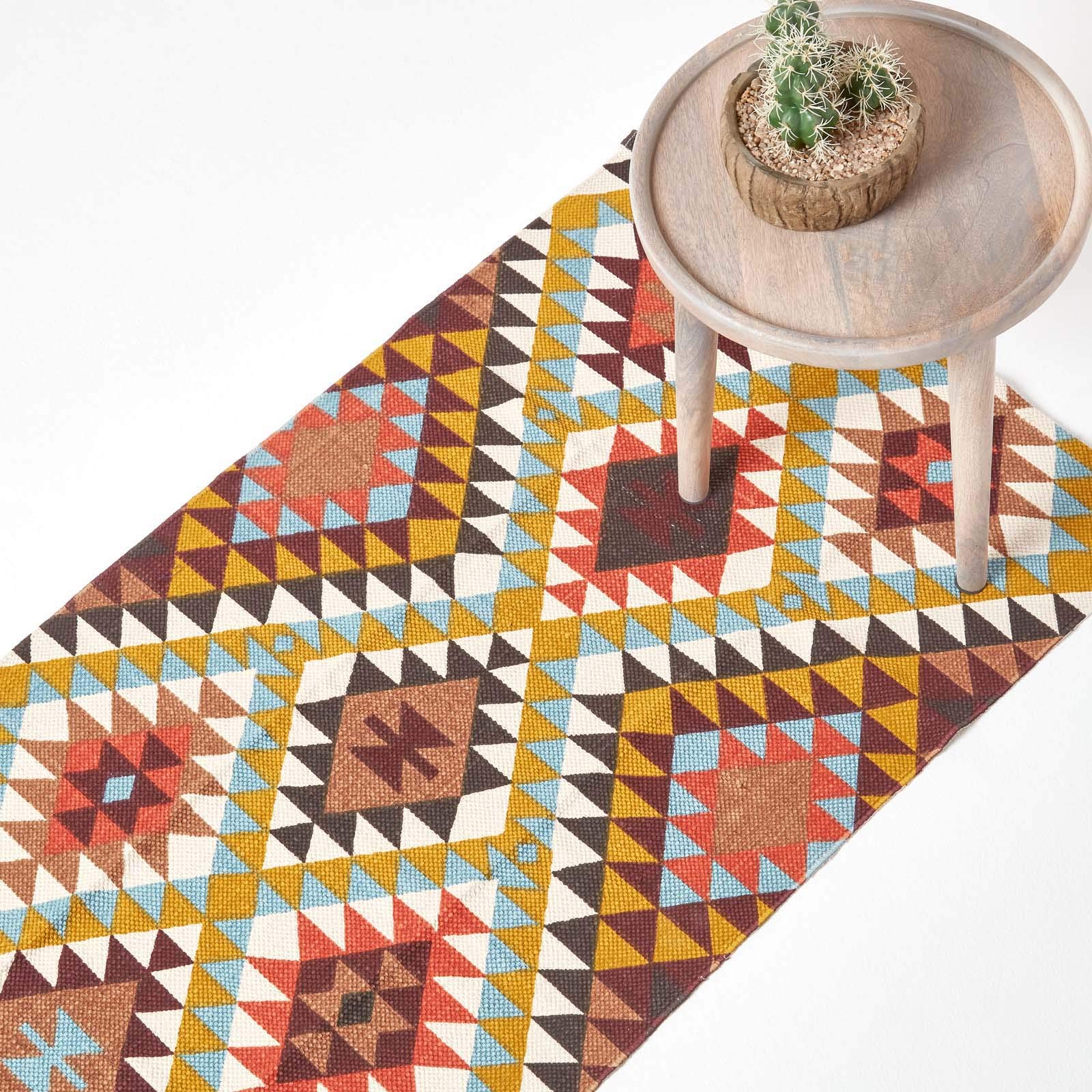 HOMESCAPES Geometric Style Printed Hallway Runner 'Oslo' Orange, Yellow, Brown & Cream 100% Cotton Contemporary Hallway Rug, 66 x 200 cm