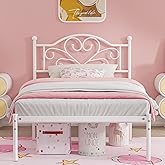 Elephance Twin Bed Frame with Headboard Metal Bed Frame Twin Size with Storage Space No Box Spring Needed Easy Assembly,White