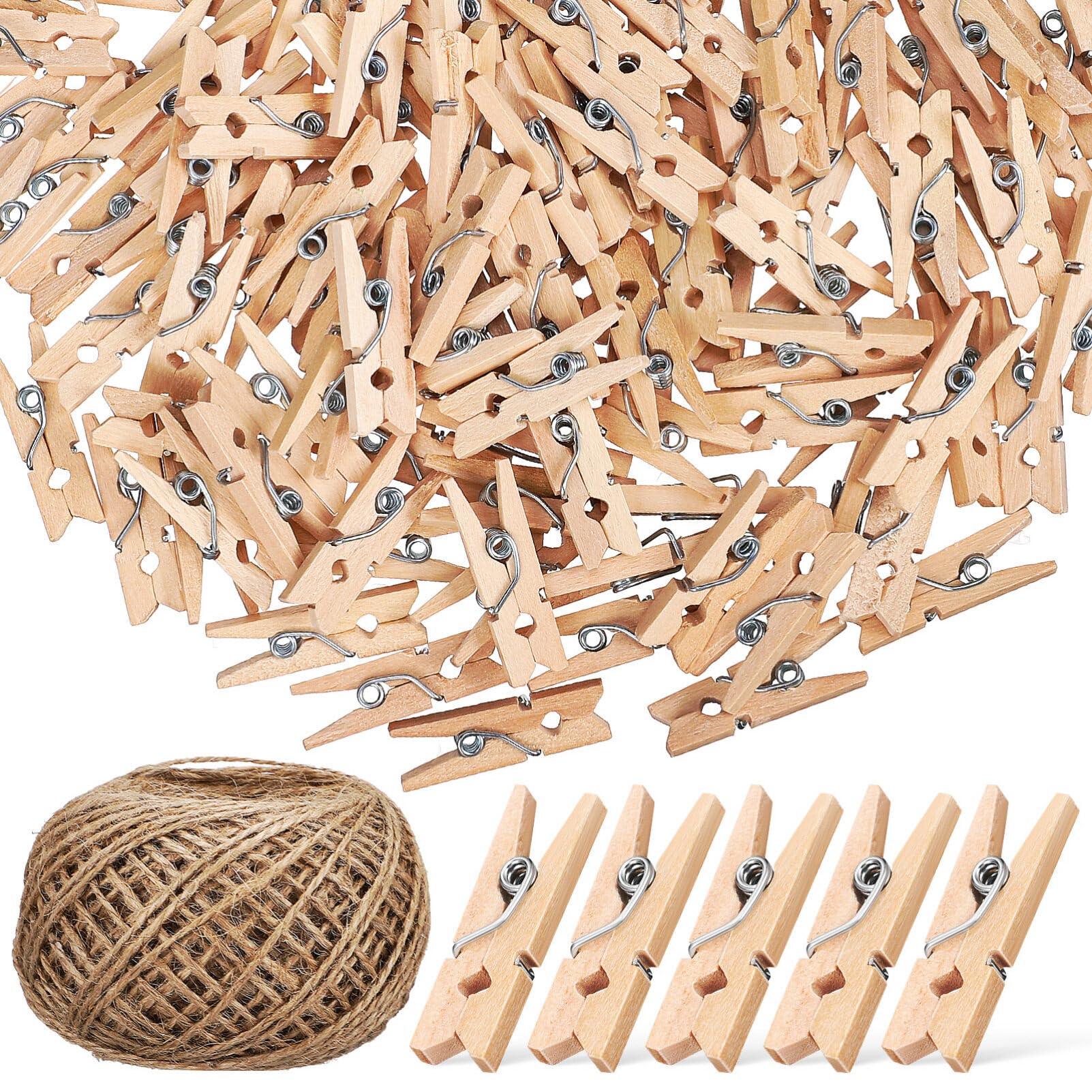 Veemoon Jute Garden Twine, 100m Jute String Rope Natural Rope Garden Twine Strings with 150Pcs Wooden Clips for DIY Arts Crafts