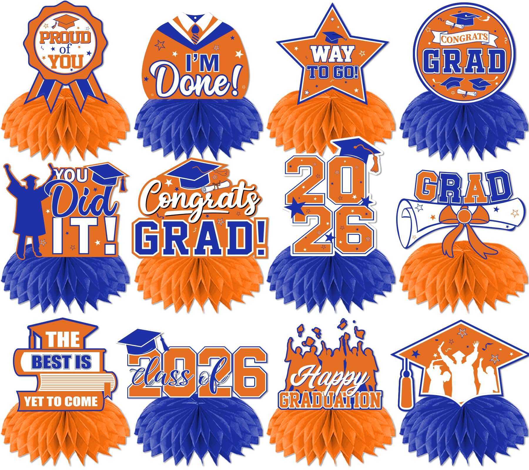 12Pcs Orange and Blue Graduation Decorations Honeycomb Centerpieces, Class of 2026 Graduations Centerpieces for Tables Orange and Blue Congrats Grad Graduation Table Decoration Grad Centerpiece