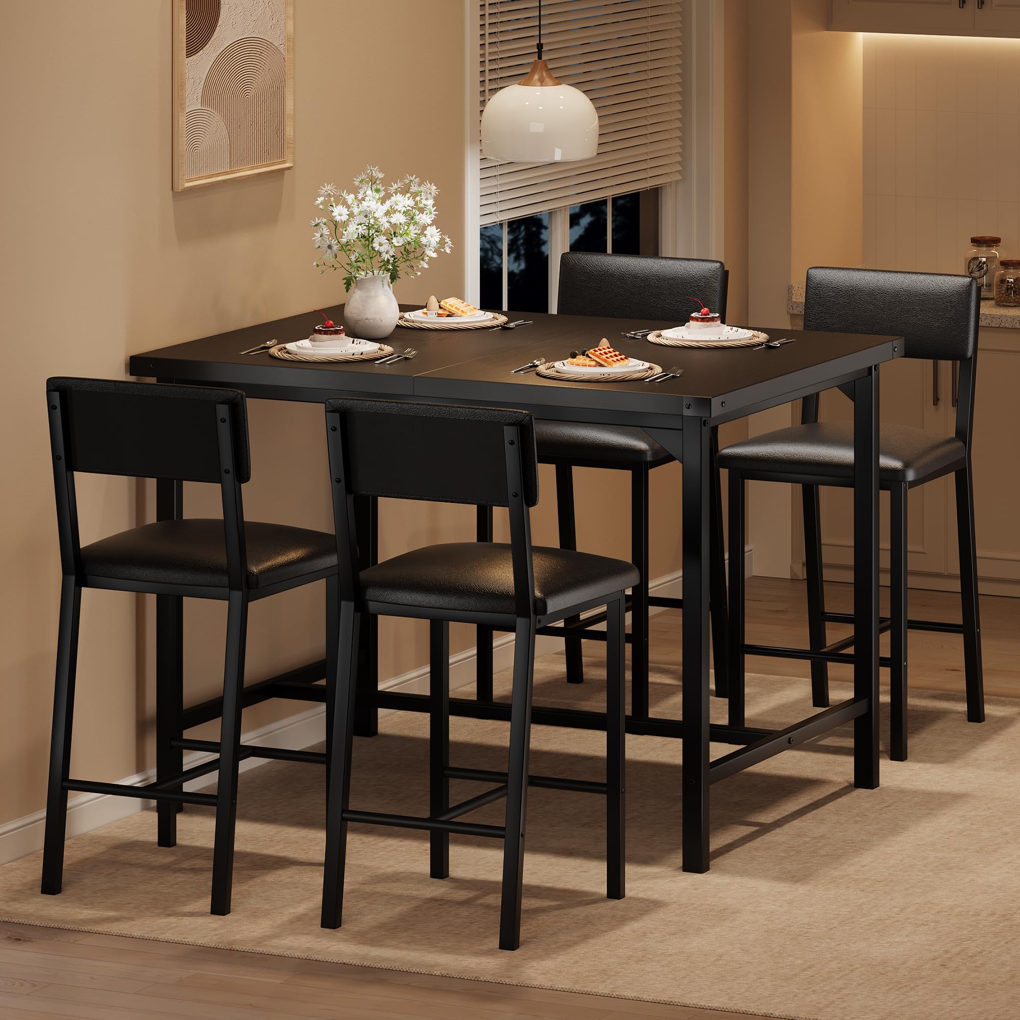 Photo 1 of ***PARTIAL SET - PRICE ADJUSTED*** 
IDEALHOUSE Dining Table Set for 4, 5-Piece Kitchen Table Set w/Footrest & Corner Protector, Wood Counter Height Table with 4 Upholstered Bar Stools, for Dining Room, Kitchen, Rustic Black