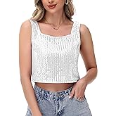 Anna-Kaci Women's Sequin Cropped Tank Top with Wide Straps Square Neckline for Festivals, Parties, Night Out