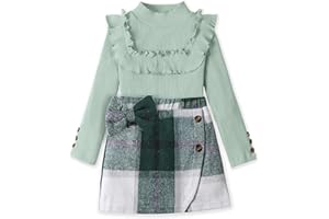 kadoubiyoo Toddler Girl Clothes Turtleneck Knitted Ruffle Long Sleeves Tops & Plaid Bowtie Skirts Set 2PCS Christmas Outfits