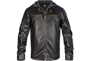 whattry Mens Faux Leather Jacket, Padded Windbreaker, Motorcycle Biker Bomber Coat with Hood