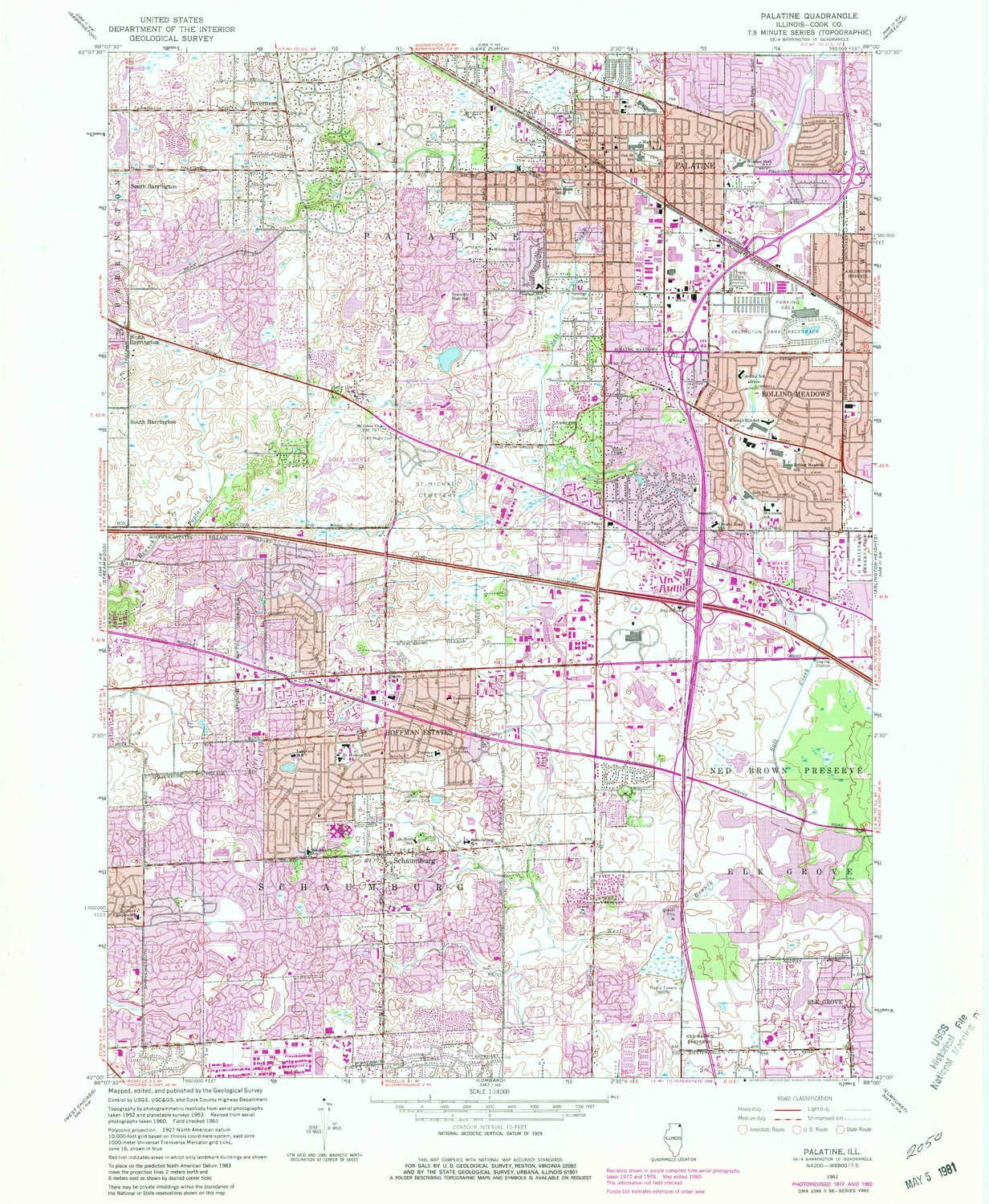 Historical 1961 26.7 x 22 in YellowMaps Palatine IL topo map Updated
