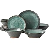 Gibson Elite Green Lantern Service for 4 (16 Piece) Double Bowl Dinnerware Set, Teal, Soft Gray, Dinnerware Set