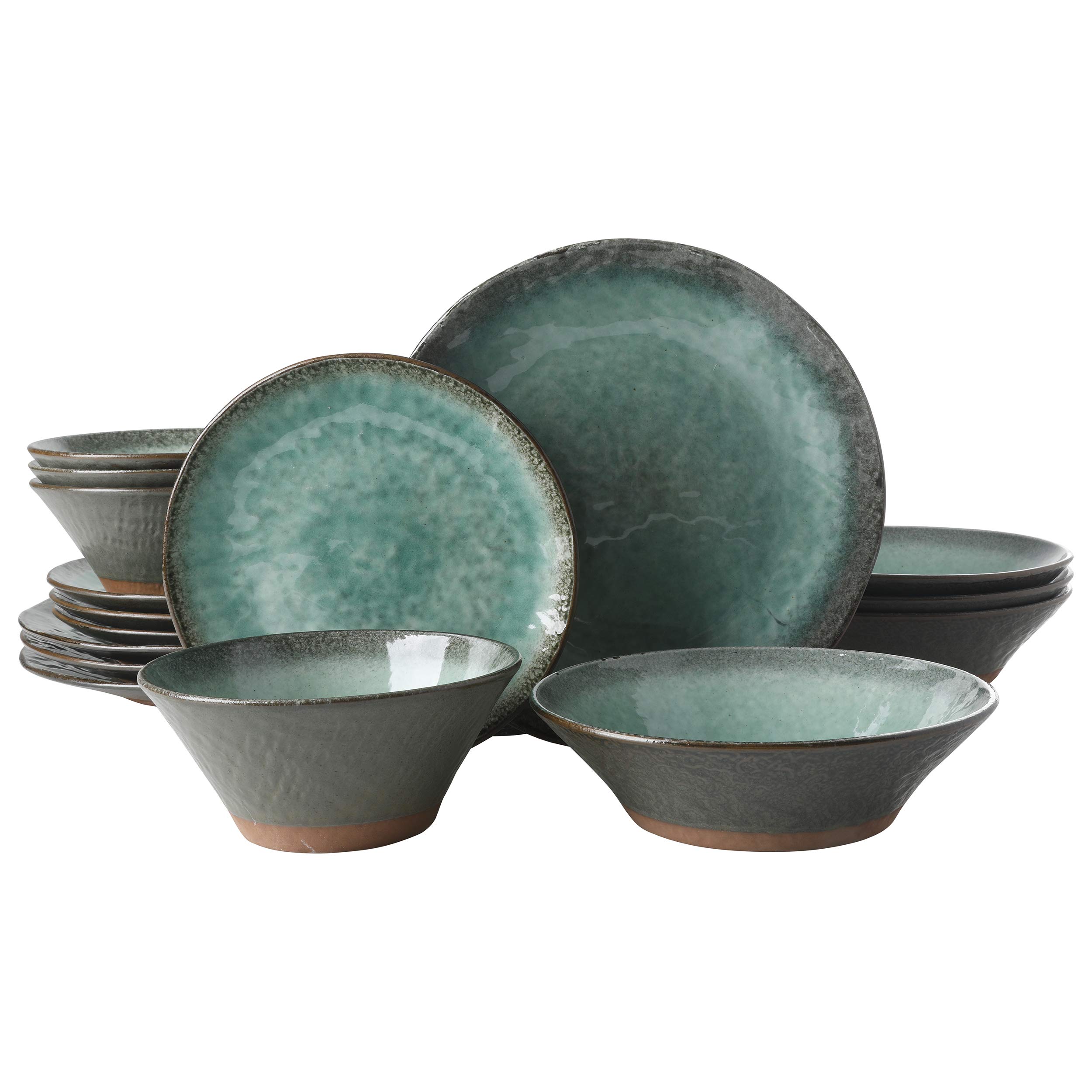 Gibson Elite Green Lantern Service for 4 (16 Piece) Double Bowl Dinnerware Set, Teal, Soft Gray, Dinnerware Set Image