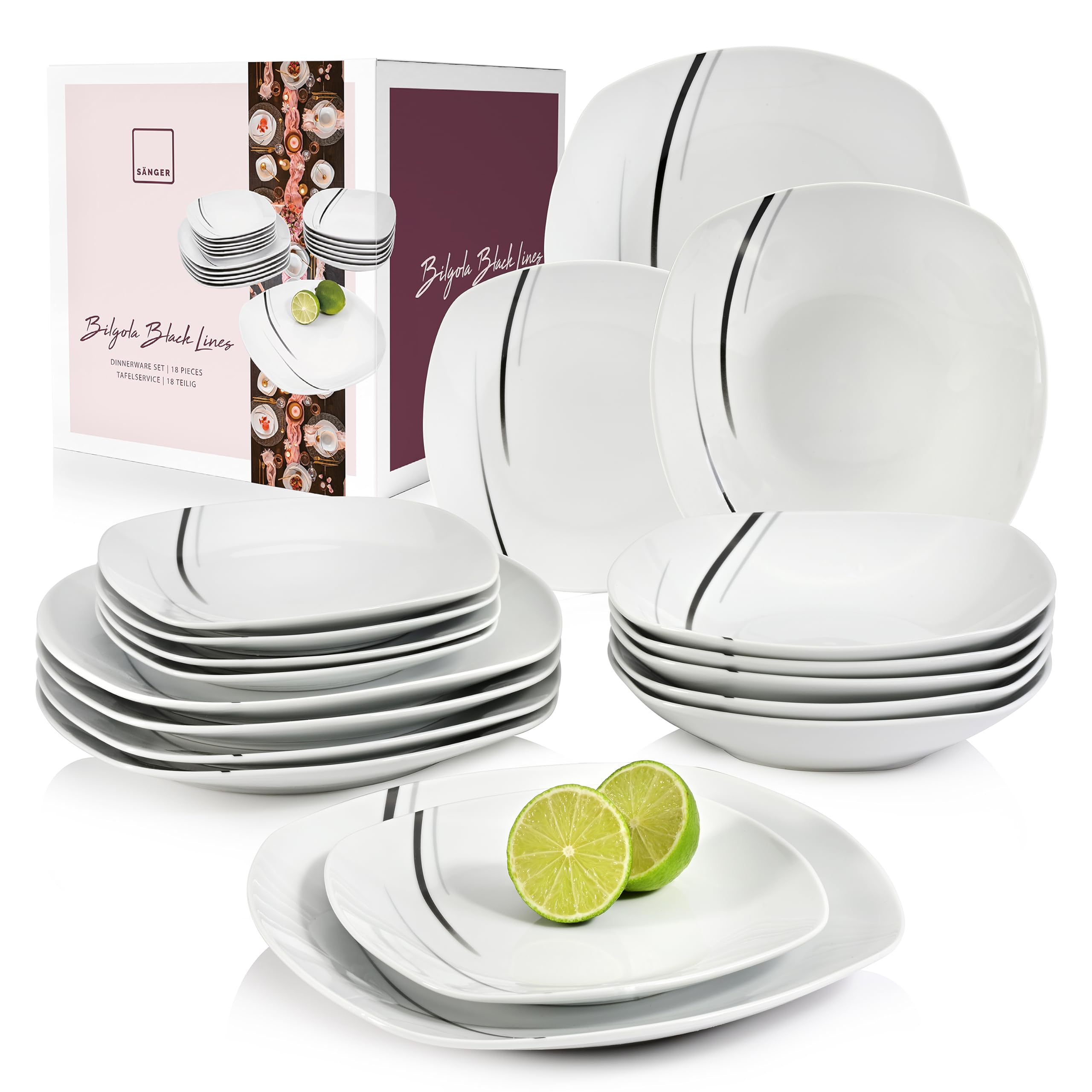 SÄNGER | Tafelservice Bilgola Black Lines aus Porzellan, 18-teiliges Geschirrset für 6 Personen, Teller Set, Eckig | PREMIUM COLLECTION