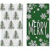 Croar Merry Christmas Tree Green Kitchen Dish Towels Set of 2, Xmas Snowflake Drying Hand Towel Baking Cooking Cloth, Winter Holiday Farmhouse Bathroom Home Decoration 18 x 26 Inches