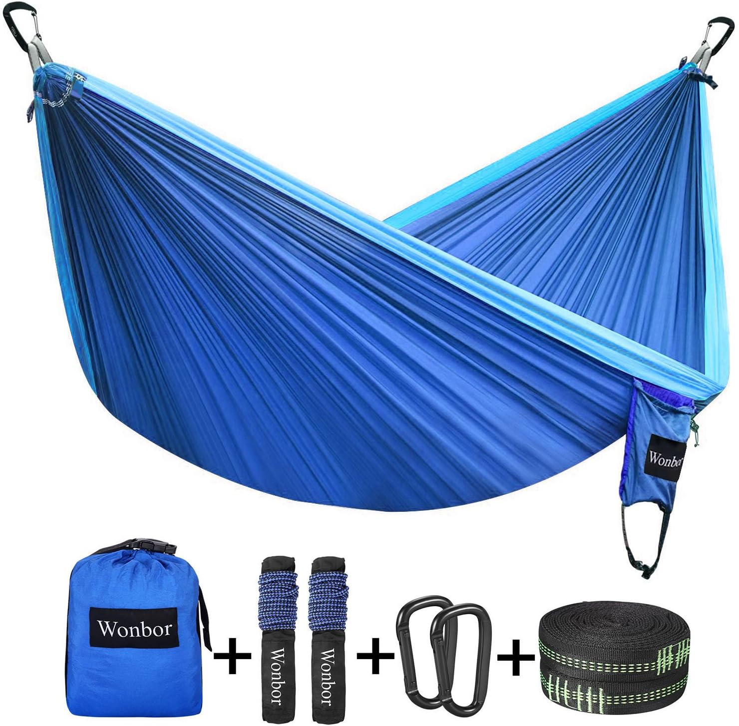 Wonbor Hammock, Camping Portable Double Hammock Parachute Nylon Hanging Bed with Tree Ropes and Carabiners Sleeping Swing for Beach Yard Park Outdoors
