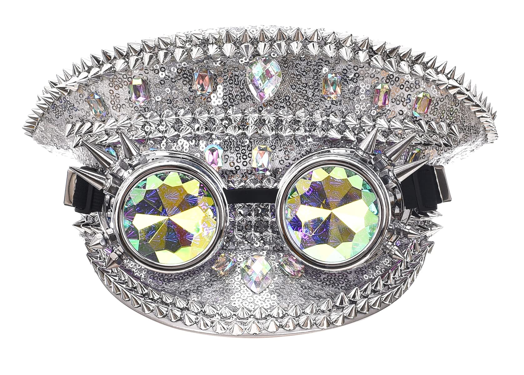 Bslingerie Halloween Steampunk Cosplay Sequin Hat Rave Party Festival Captain Headwear with Goggles (Silver) — image 1