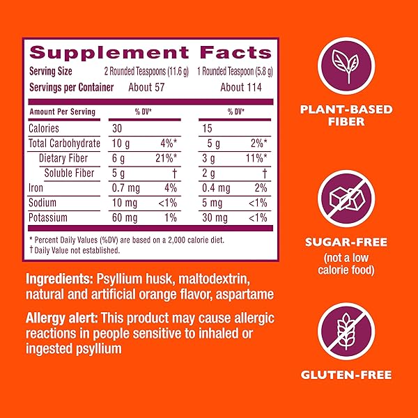 METAMUCIL 4-IN-1 PSYLLIUM HUSK GLP-1 FRIENDLY FIBER SUPPLEMENT, SUGAR-FREE, 114 TEASPOONS, ORANGE FLAVORED, DAILY FIBER POWDER FOR DIGESTIVE HEALTH, MADE WITH PLANT-BASED PSYLLIUM HUSK FIBER