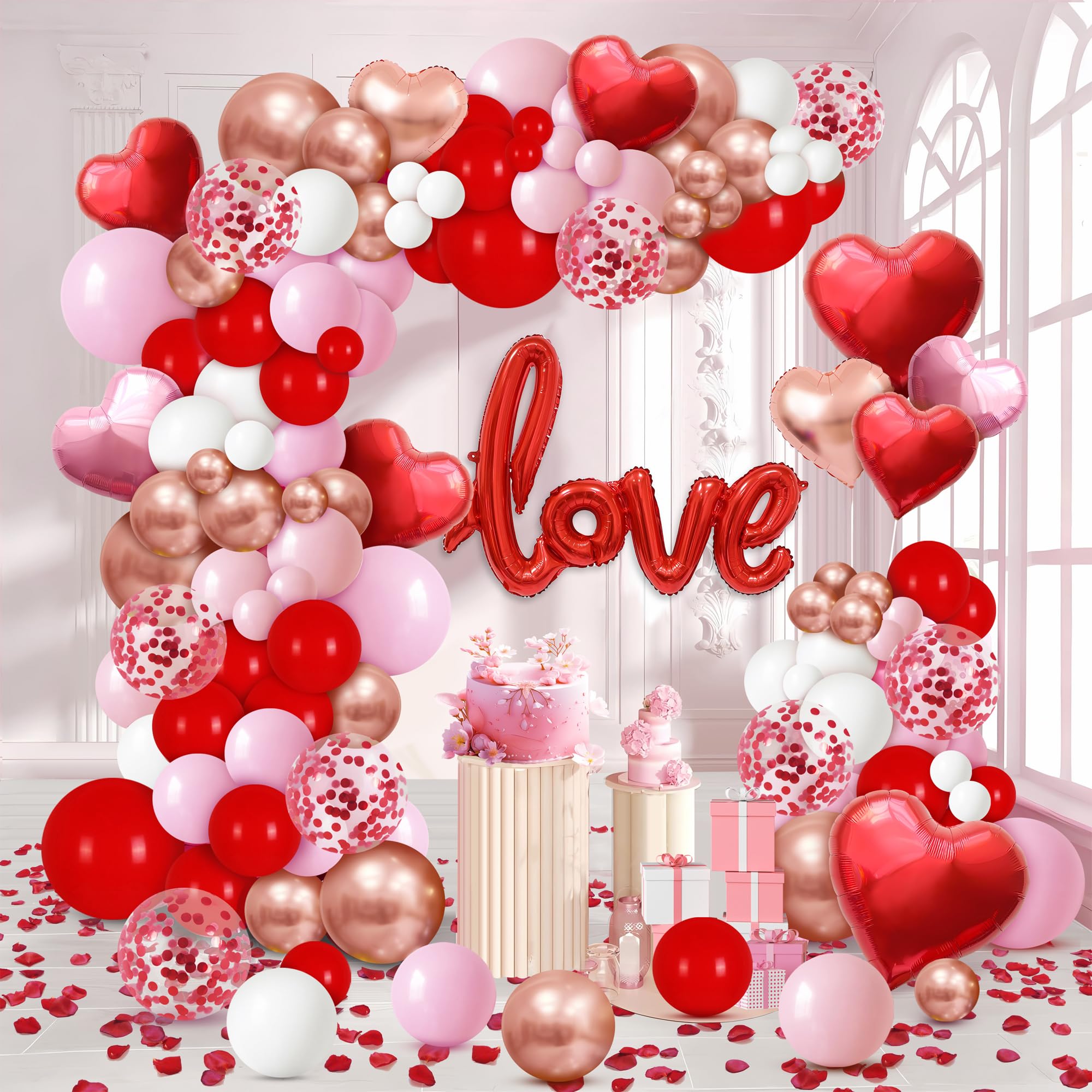 View 1 of 191 Pcs Valentine's Day Balloon Garland Arch Kit, Love Foil Letter Balloons Red Pink Rose Gold White Confetti Balloon Decor Heart Shaped Balloons Rose Petals Romantic Party Supplies for Galentines Day