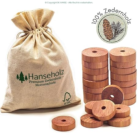 Hanseholz 40x Natürlicher Bio Mottenschutz + Baumwollbeutel/Chemiefreie Mottenabwehr - 100% Natur/Bio Mottenringe gegen Kleid