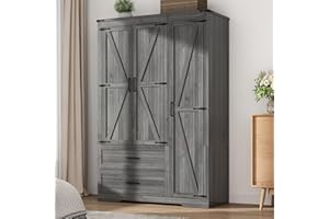 Hlivelood 3 Doors Wardrobe Armoire Closet with Doors and Drawers, Farmhouse Wooden Armoire Storage Cabinet with Shelves & Hanging Rod for Bedroom, Grey