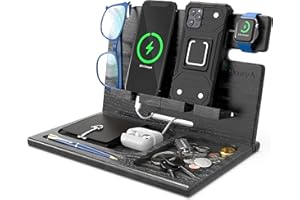 BARVA Wood Docking Station Nightstand Organizer 2 Phone Wallet Watch Stand Key Holder Tablet Tech Gadgets Charging Dock Desk Accessories Bedside Caddy Birthday Gifts for Men Home Organization EDC Tray
