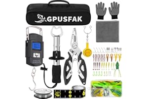 GPUSFAK Fishing Tool Kit, Fishing Gears, Pliers Ice Fly Hook Knotter Lip Gripper Anti-Slip Gloves Lures Baits Accessories