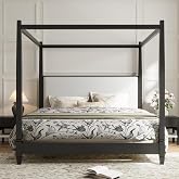 Christopher Knight Home Cara Wooden Canopy King Bed Frame with Headboard, 4 Poster Platform Bed Frame King Size with Wooden Slat Supports and Legs, Bedframe King-Size, No Box Spring Needed, Black