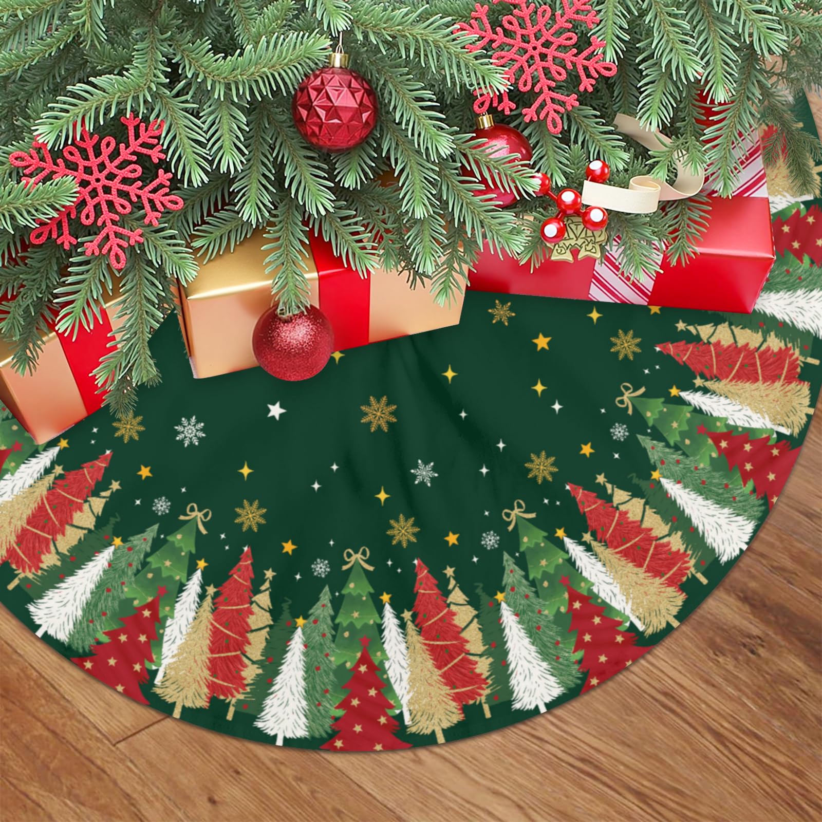 Photo 1 of Forest Green Christmas Tree Skirt 48 Inch Xmas Tree Snowflake Tree Skirt for Winter Holiday Theme Seasonal Outdoor Farmhouse Indoor Home Party New Year Ornaments Decoration
