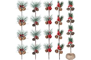CANLIERR 20 Pieces Christmas Artificial Pine Picks Set Simulation Pinecones Acorns Red Berries Fake Natural Pine Needle Cone Branches for Xmas Party Gift Wreaths Tree Home Winter Ornament(Vivid Style)