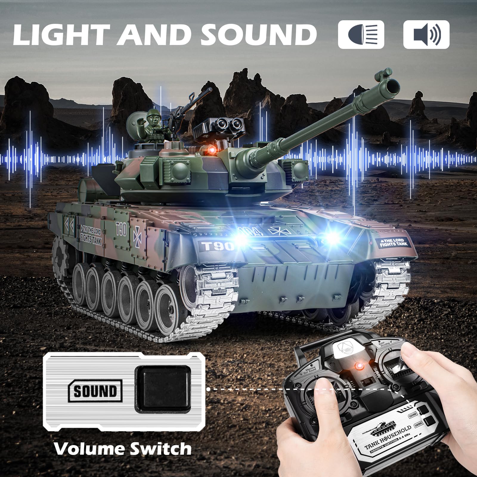 Supdex RC Tank, 1:18 RUS T-90 Alloy Metal Remote Control Model Army Toys, 2.4Ghz Military Tank with Smoke, Sound and Lights, RC Vehicle That Shoots BBS and Water Bombs for Adults and Kids