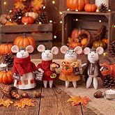 Hahafelt 4 Pcs Fall Felt Mice Ornaments Set Autumn Handmade Wool Mouse | Thanksgiving Collectible Ornaments, Harvest Critter Decor with Hanging Strings, Tiered Tray Home Table Decor, 3.94 Inch