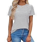 LilyCoco Women's Short Sleeve Striped Shirt Summer Crewneck T Shirt Basic Tops
