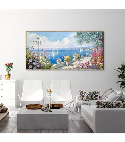 Großes Gerahmtes Leinwand-Wandbild: Blaue Strand- & Fahrrad-Landschaft, 75x150 Cm, Für Wohnzimmer, Schlafzimmer, Büro