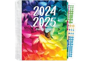 GLOBAL PRINTED PRODUCTS Aug 2024-Jul 2025 Deluxe Teacher Planner Notebook 8.5x11 Daily Weekly Monthly Organizers with 7 Periods, Pocket Folder, Dated Calendar, Page Tabs, Bookmark and Planning Stickers (Rainbow Petals)