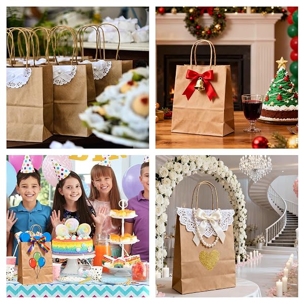 MIEVU 150PACK SMALL GIFT BAGS WITH HANDLES, 5.9X3.1X8.2 INCH BROWN PAPER BAGS (130G MORE STURDY MATERIAL) – BULK CHRISTMAS GIFT BAG, PARTY FAVOR BAGS, RECYCLABLE CRAFT BAGS FOR GIFTS,BROWN