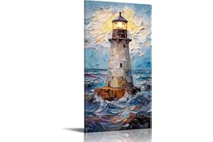 Large Lighthouse Wall Art Coastal Picture Ocean Wave Abstract Canvas Prints Vertical Nautical Seascape Painting for Bathroom 
