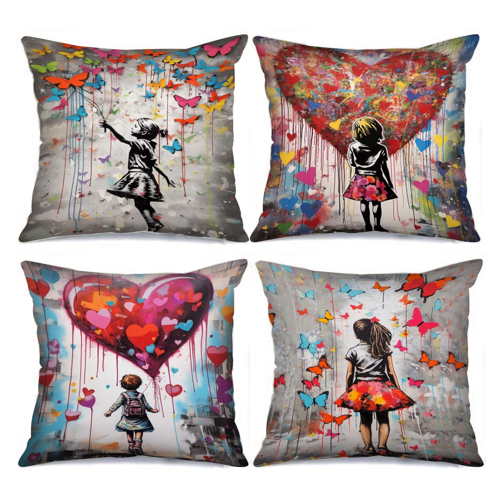 Tucocoo Decorative Pillow Covers with Graffiti Art, Design: Little Girl and Butterfly, Modern Decoration for Couch, Bed, Car, Terrace, Furniture, Bench, Sofa, 45 x 45cm, Set of 4 — image 1